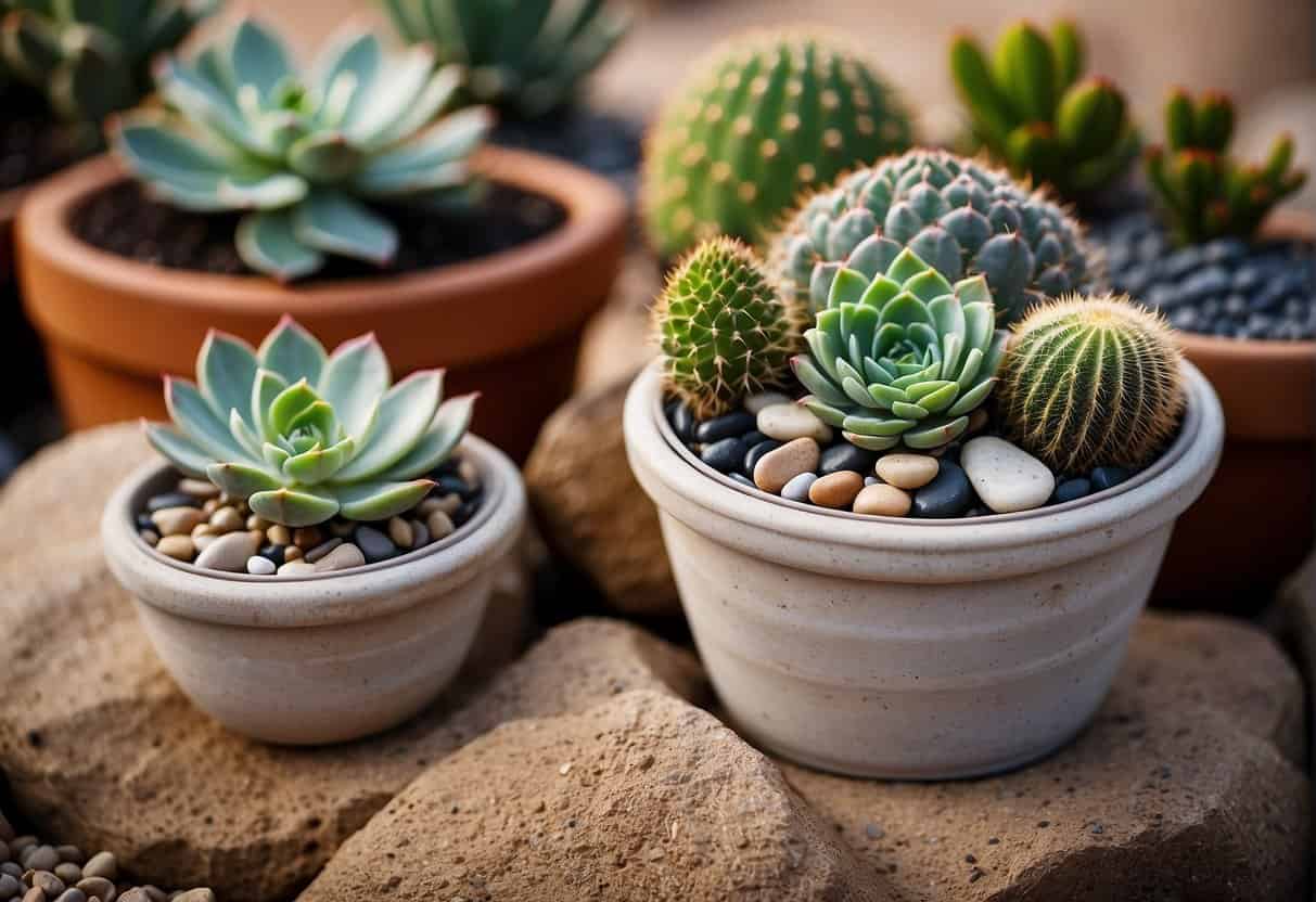 A collection of potted succulents arranged in a variety of shapes and sizes, nestled among smooth stones and pebbles. The backdrop is a backdrop of arid, sun-baked soil, with a few cacti peeking out in