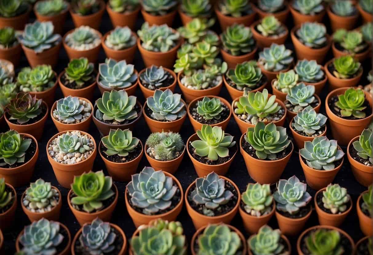 A variety of succulent pots in different shapes and sizes, arranged on a budget-friendly display. The pots are stylish and affordable, showcasing the beauty of succulents