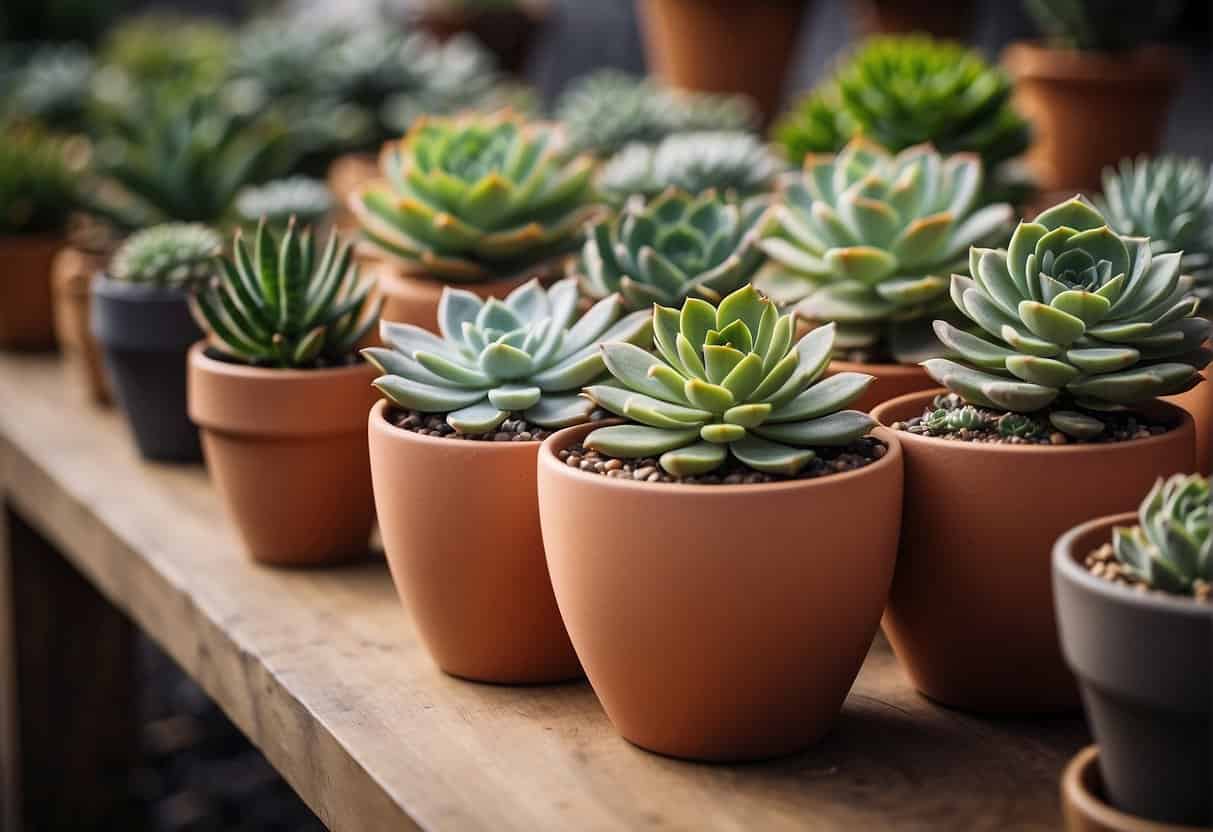 A variety of stylish and affordable pots are arranged around a display of vibrant succulents, creating an eye-catching and budget-friendly presentation