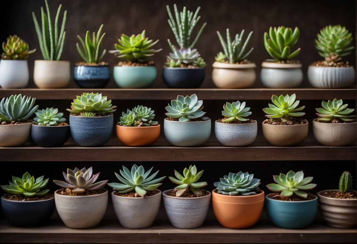 A variety of stylish and affordable succulent pots displayed on a budget-friendly shelf. Different shapes, sizes, and colors are showcased, creating an appealing and inviting arrangement for plant lovers