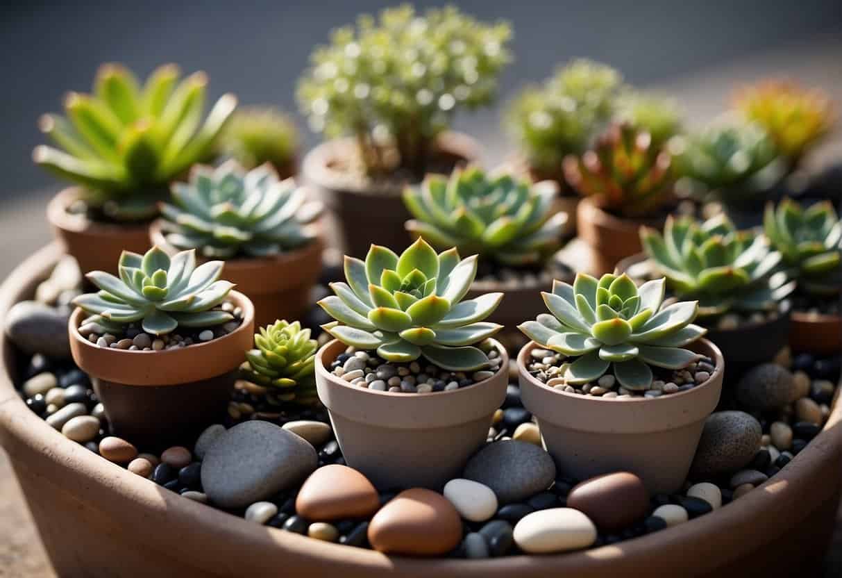 Potted succulents arranged in a harmonious pattern, with smooth pebbles and a flowing fountain. The space is filled with natural light and balanced energy