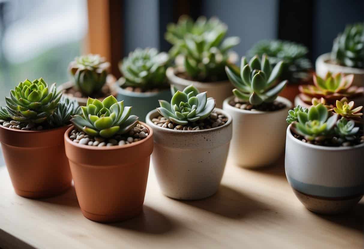 A variety of potted succulents arranged in a harmonious and balanced manner, placed strategically in a well-lit space to enhance positive energy flow