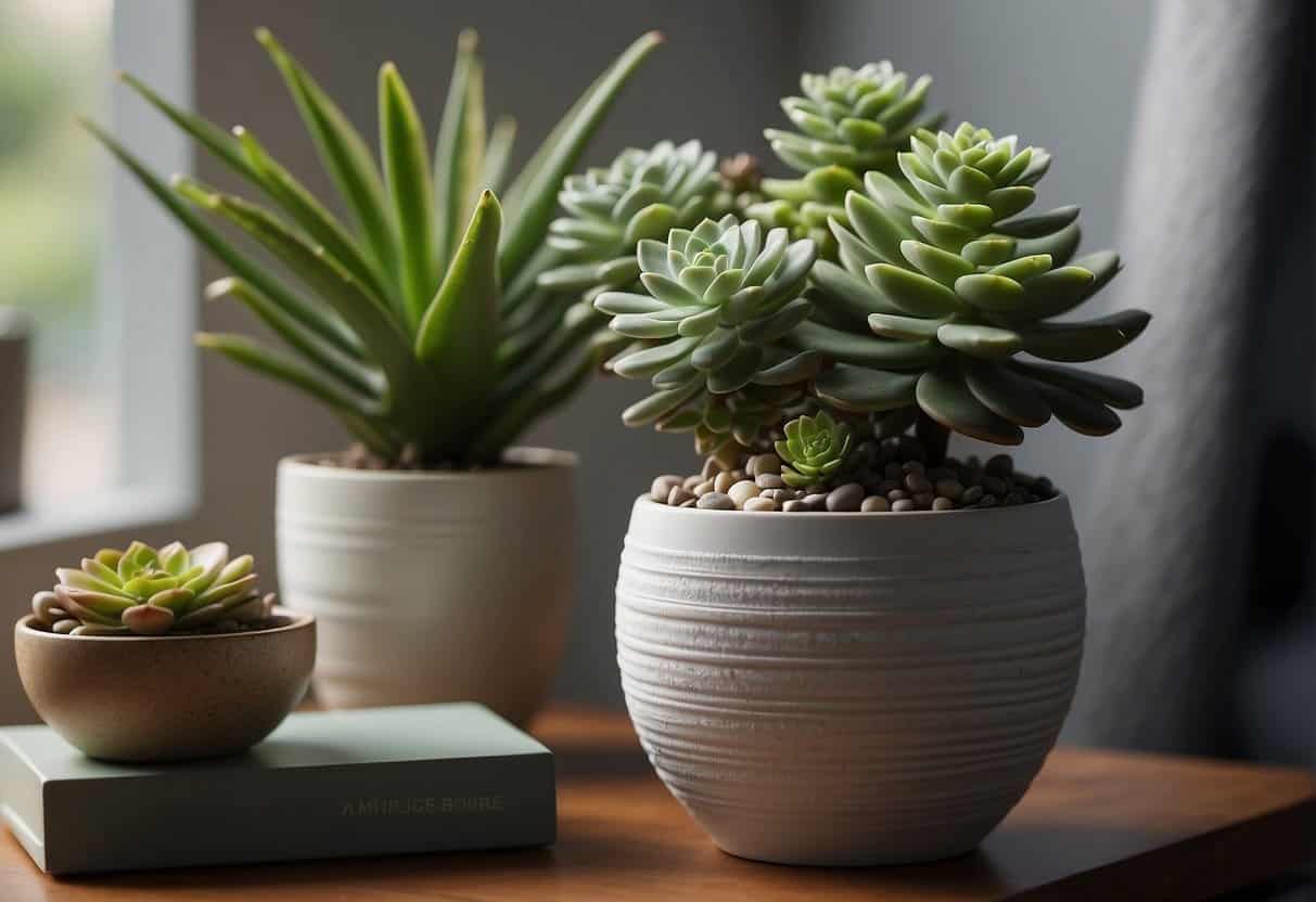 A serene living room with potted succulents placed strategically to enhance the energy flow. Feng shui elements incorporated in the decor for a harmonious ambiance