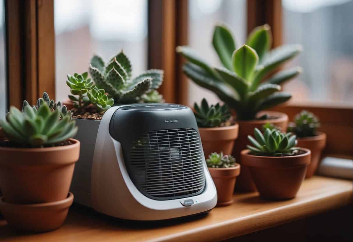 A cozy indoor setting with potted succulents arranged on a windowsill, surrounded by warm blankets and a small space heater to protect them from the cold winter weather