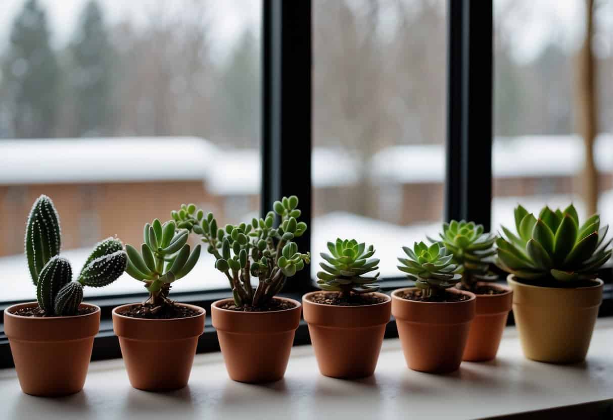 Several potted succulents arranged on a windowsill, with a snowy winter landscape visible outside. A small humidifier sits nearby, emitting a gentle mist to keep the plants healthy
