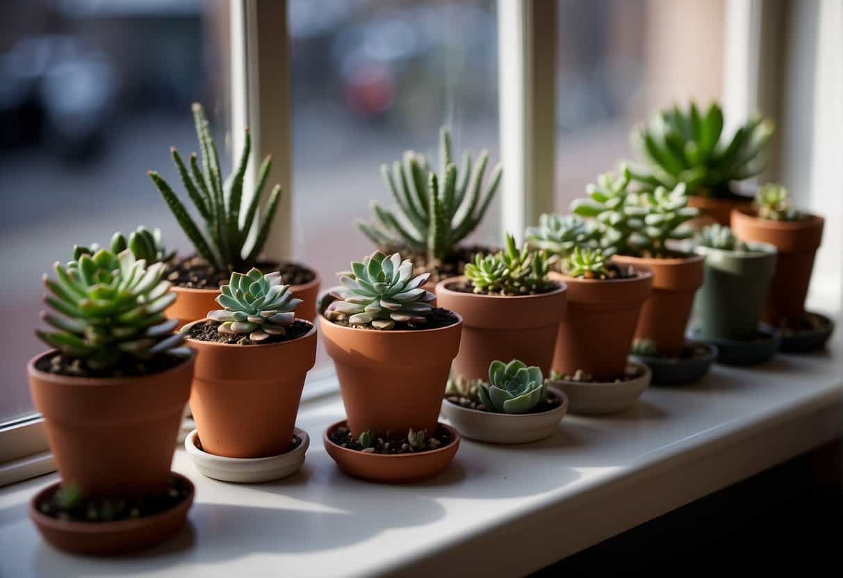 A collection of potted succulents sits on a windowsill, their thick, fleshy leaves and stems displaying a variety of shapes and colors. The plants are thriving despite the cold winter weather outside