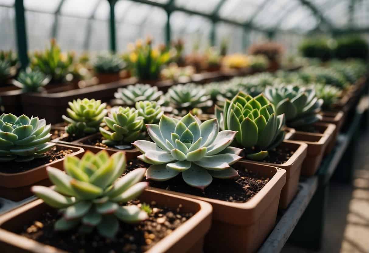 Succulents in containers inside greenhouses, protected from winter cold