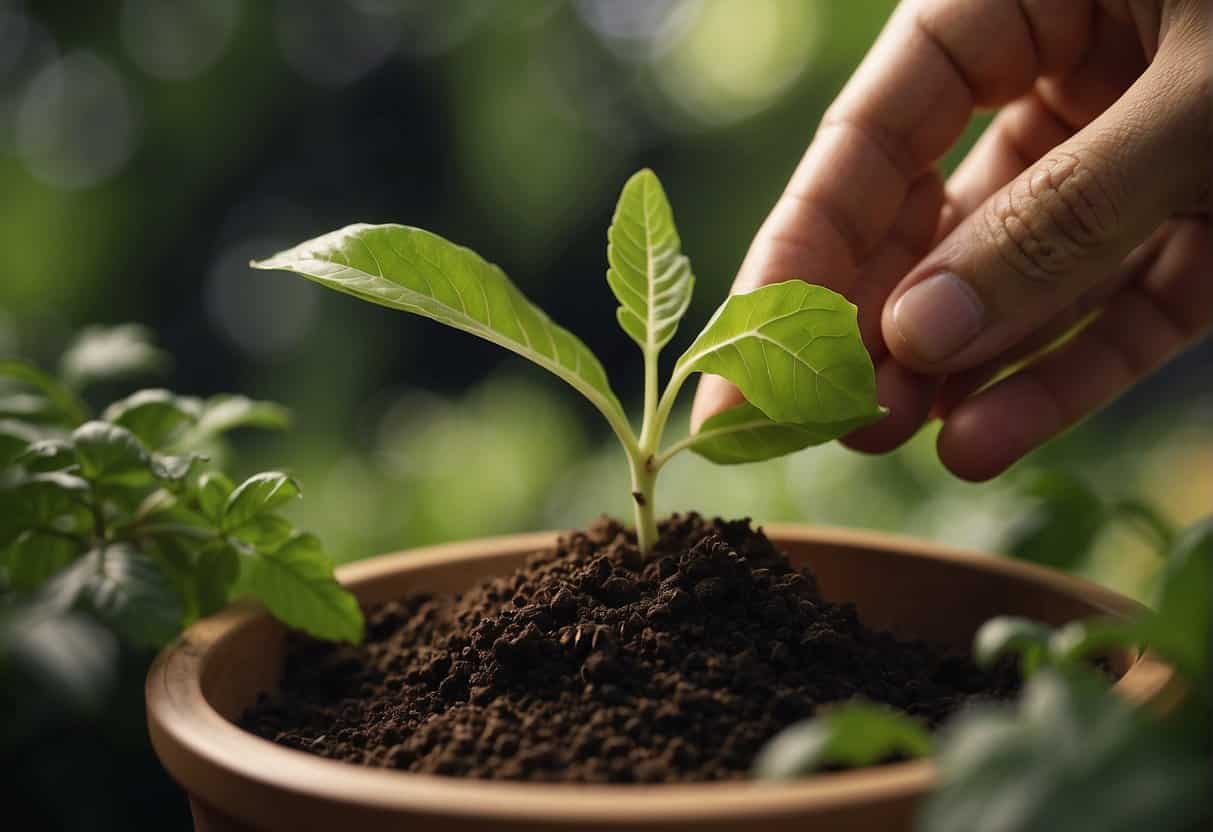 A leaf is carefully cut from a healthy plant. The leaf is then placed in a pot of soil, where it begins to grow roots and eventually develop into a new plant