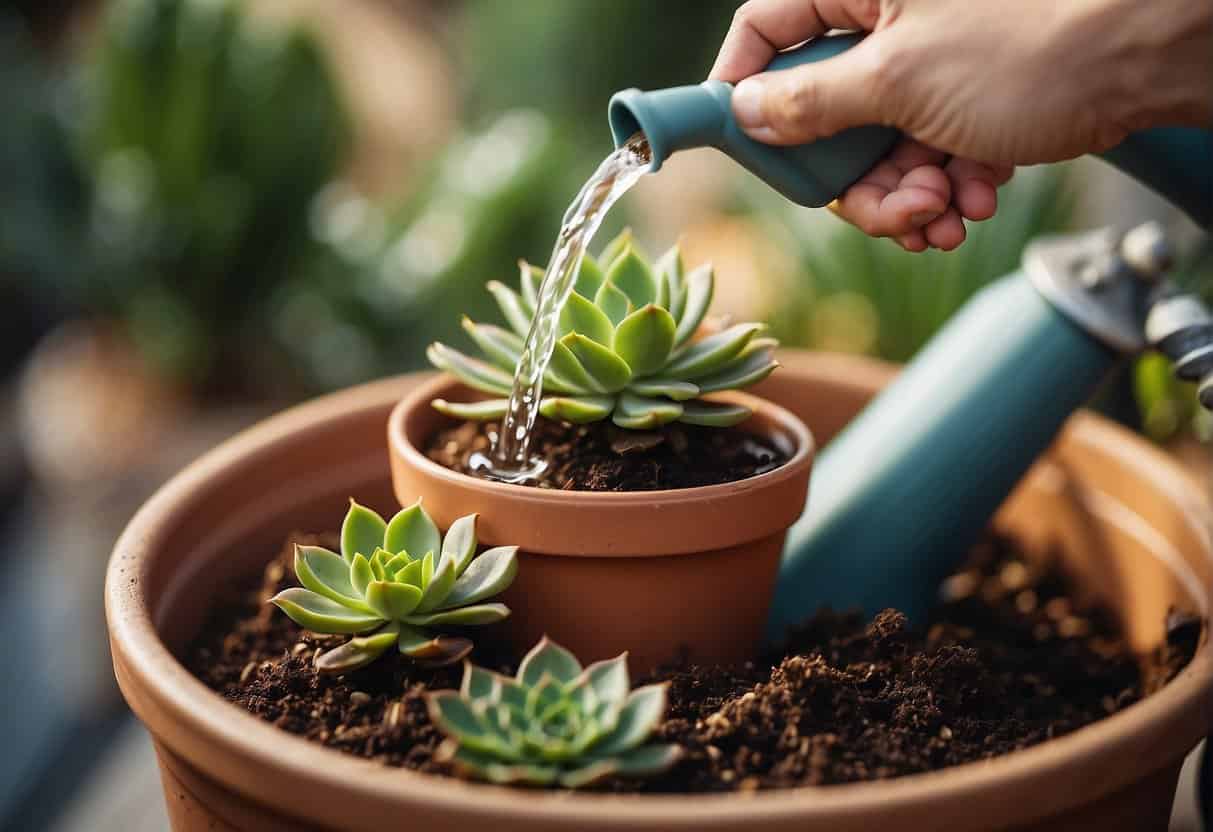 A hand holding a watering can gently pours water onto a potted succulent, ensuring the soil is evenly moistened without overwatering