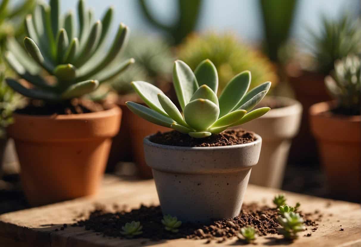 A succulent potting scene with over-fertilized soil and unbalanced nutrients, causing wilting and yellowing leaves. A beginner's guide illustration