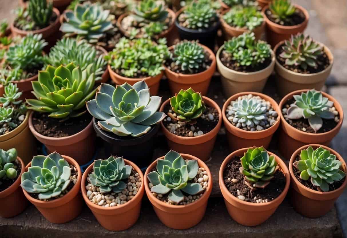 A variety of succulents in pots, some overwatered, others in dry soil. Labels with common mistakes: too much water, not enough drainage