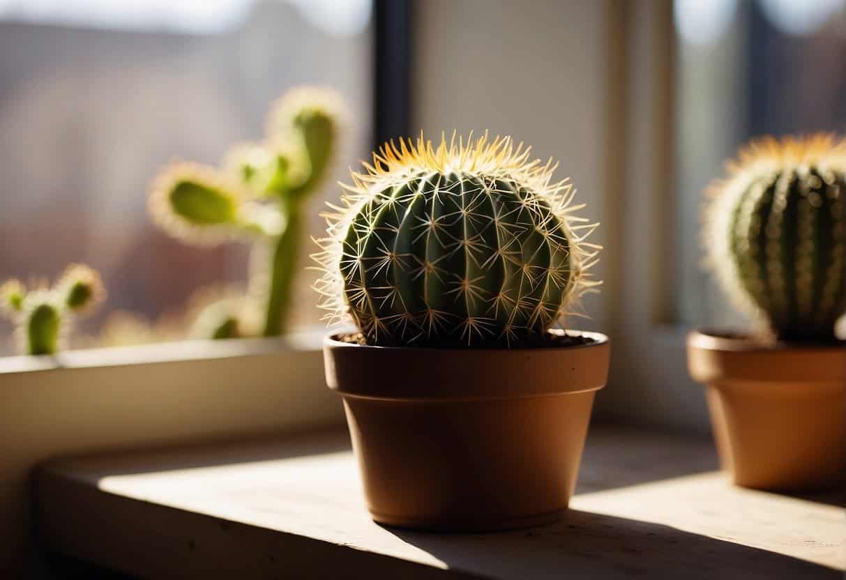 A hand reaches for a terracotta pot, filled with well-draining soil. A small cactus is gently placed into the pot, ensuring it is centered and stable