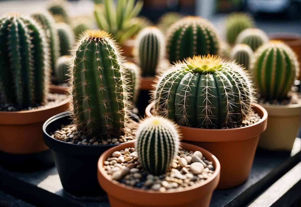 A variety of potted cacti with different shapes and sizes, some showing signs of common issues like yellowing or wilting