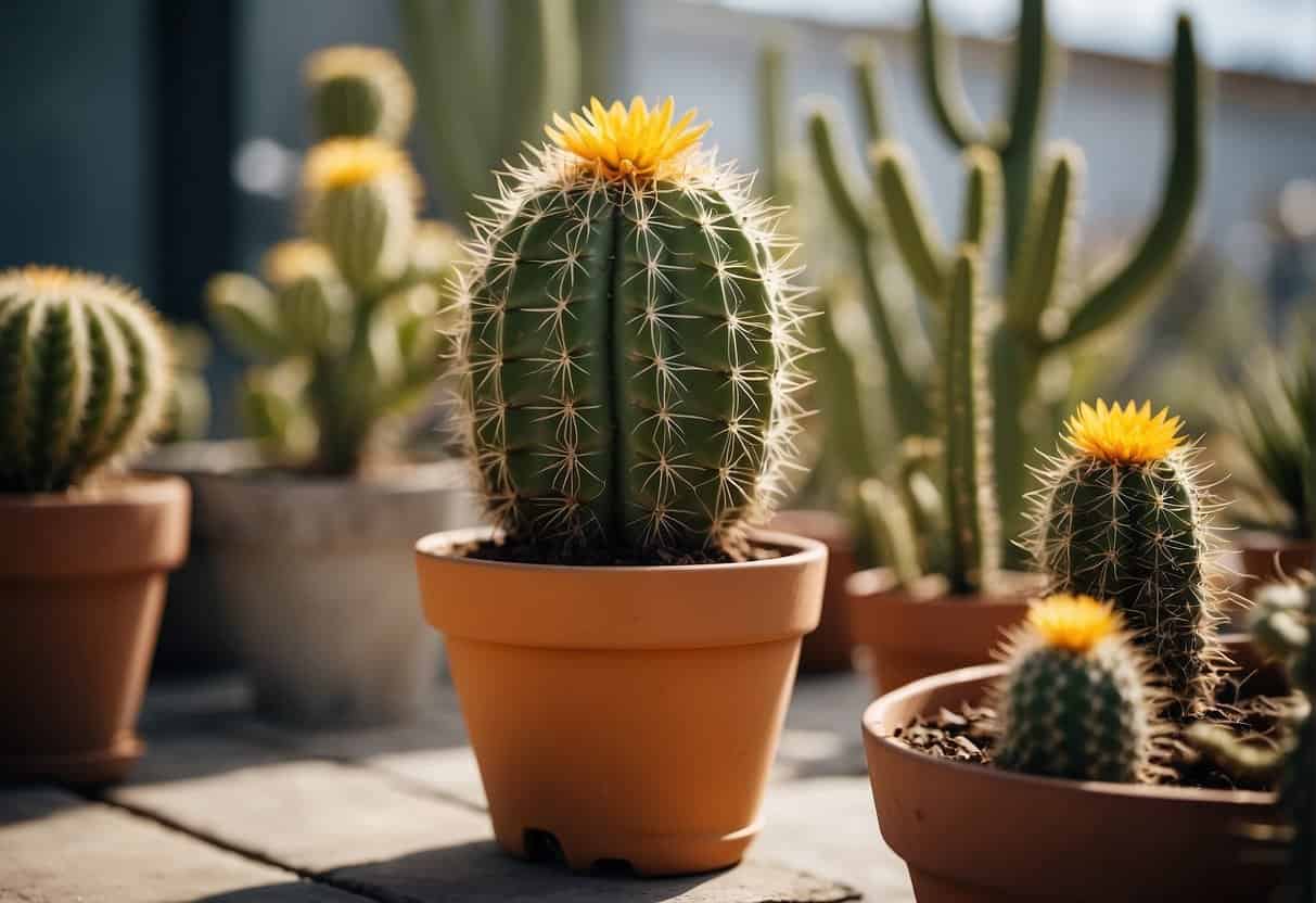 A potted cactus with yellowing and wilting stems, surrounded by overwatering supplies. A separate image showing the cactus thriving with proper drainage and sunlight