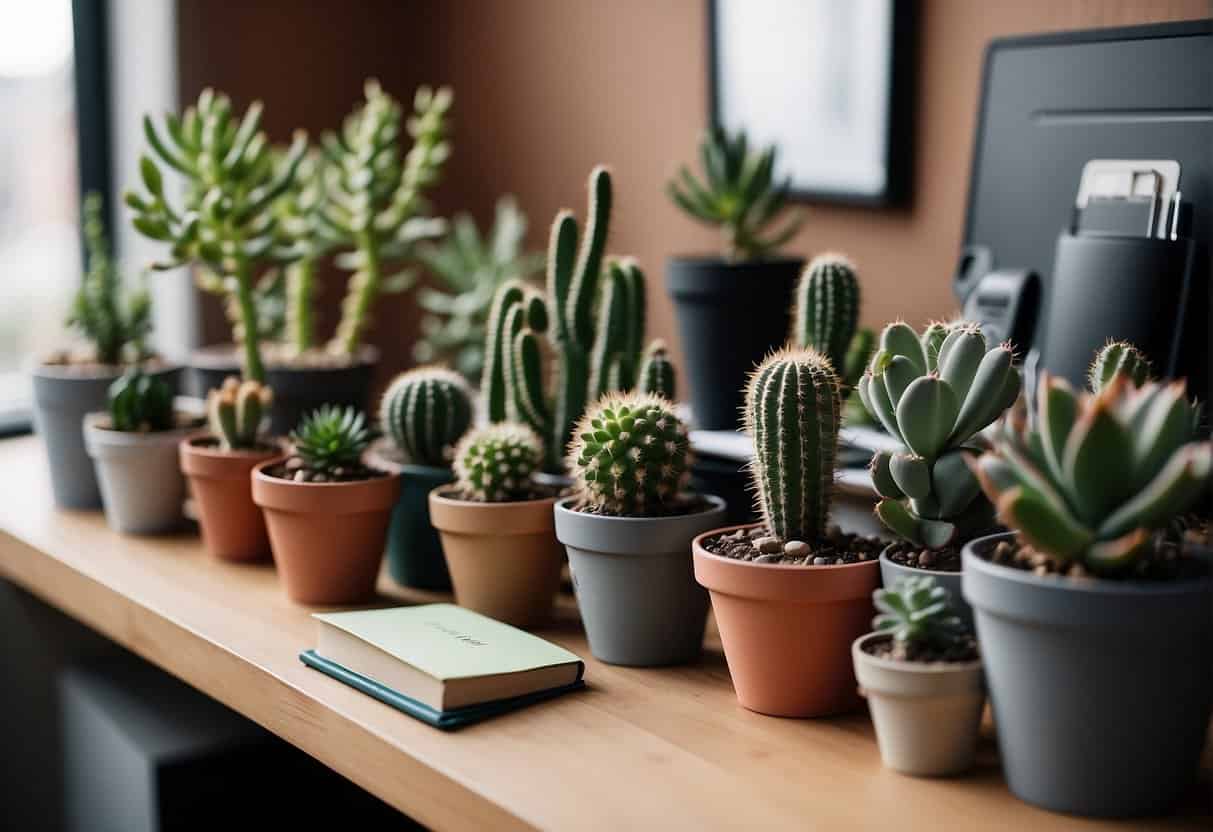 A variety of potted succulents and cacti arranged neatly on an office desk, with a small watering can and a care guide book nearby