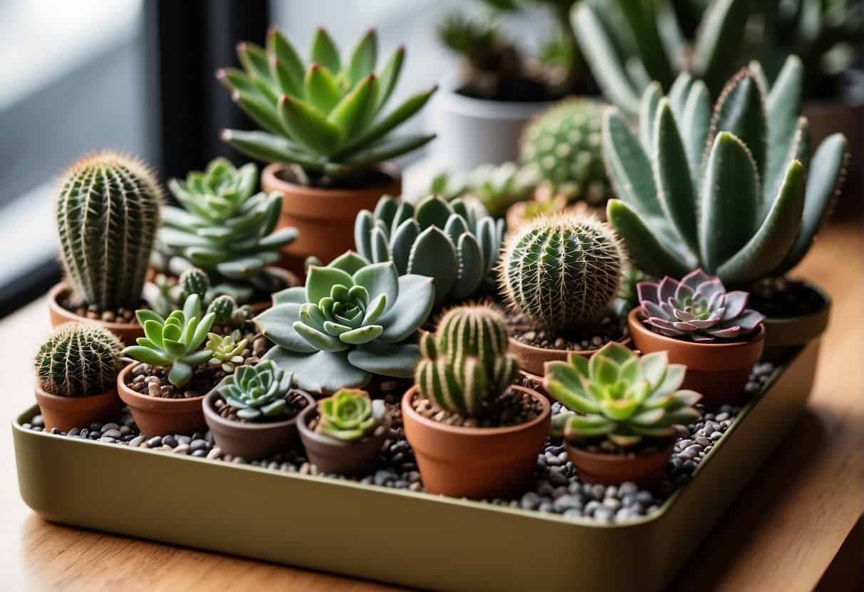 A variety of potted succulents and cacti arranged on an office desk, with different shapes, colors, and textures creating a low-maintenance and visually appealing display