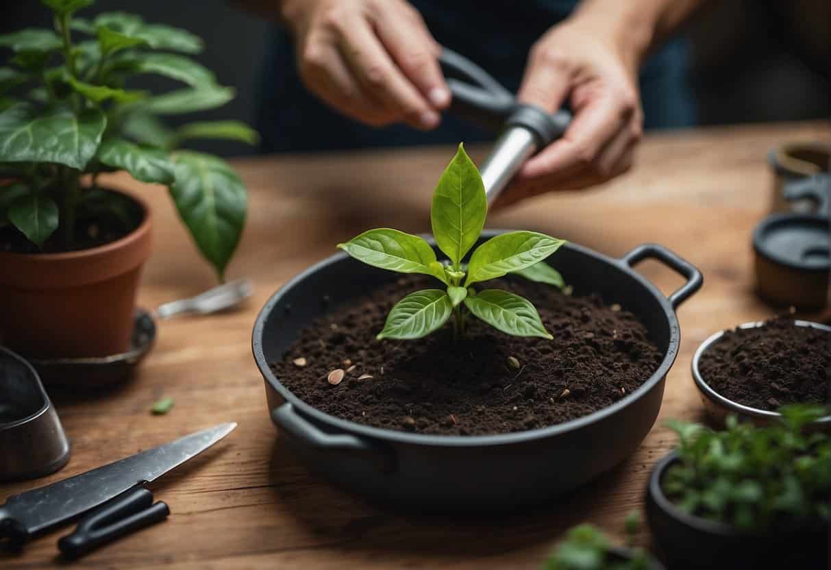 A hand holding a healthy leaf cutting, placing it in a pot with moist soil, surrounded by various tools and materials for propagation