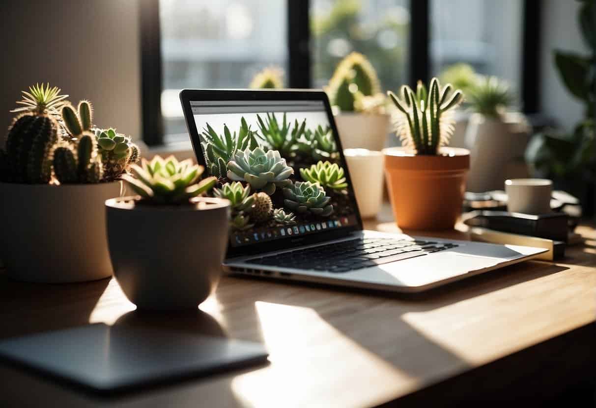 A desk with potted succulents and cacti, surrounded by office supplies. Sunlight filters through a nearby window, casting shadows on the plants