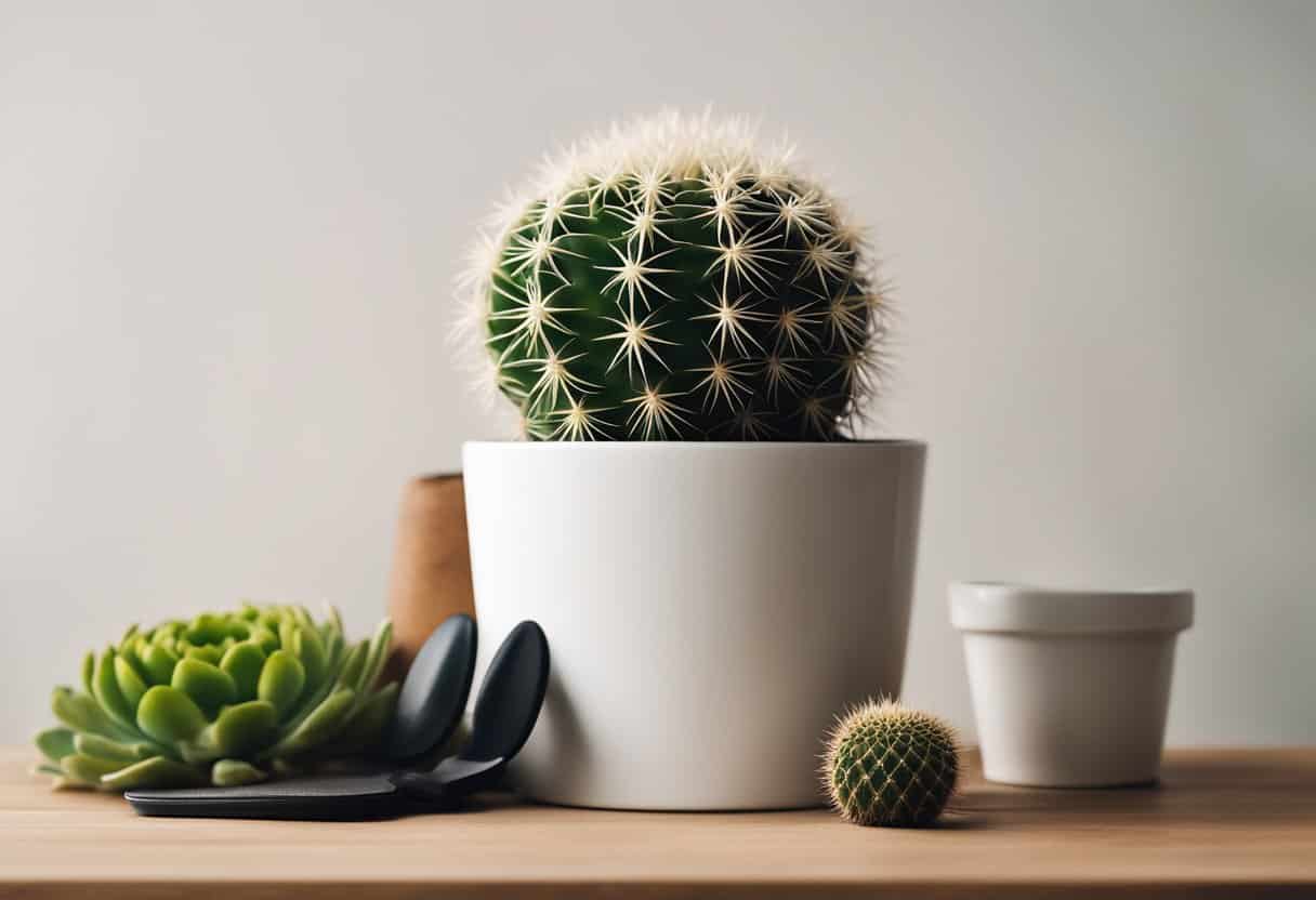 A potted cactus sits on a wooden shelf against a white wall. A small toolkit and a pair of gardening gloves are nearby, ready for maintenance. The room is bright and airy, with minimalistic decor