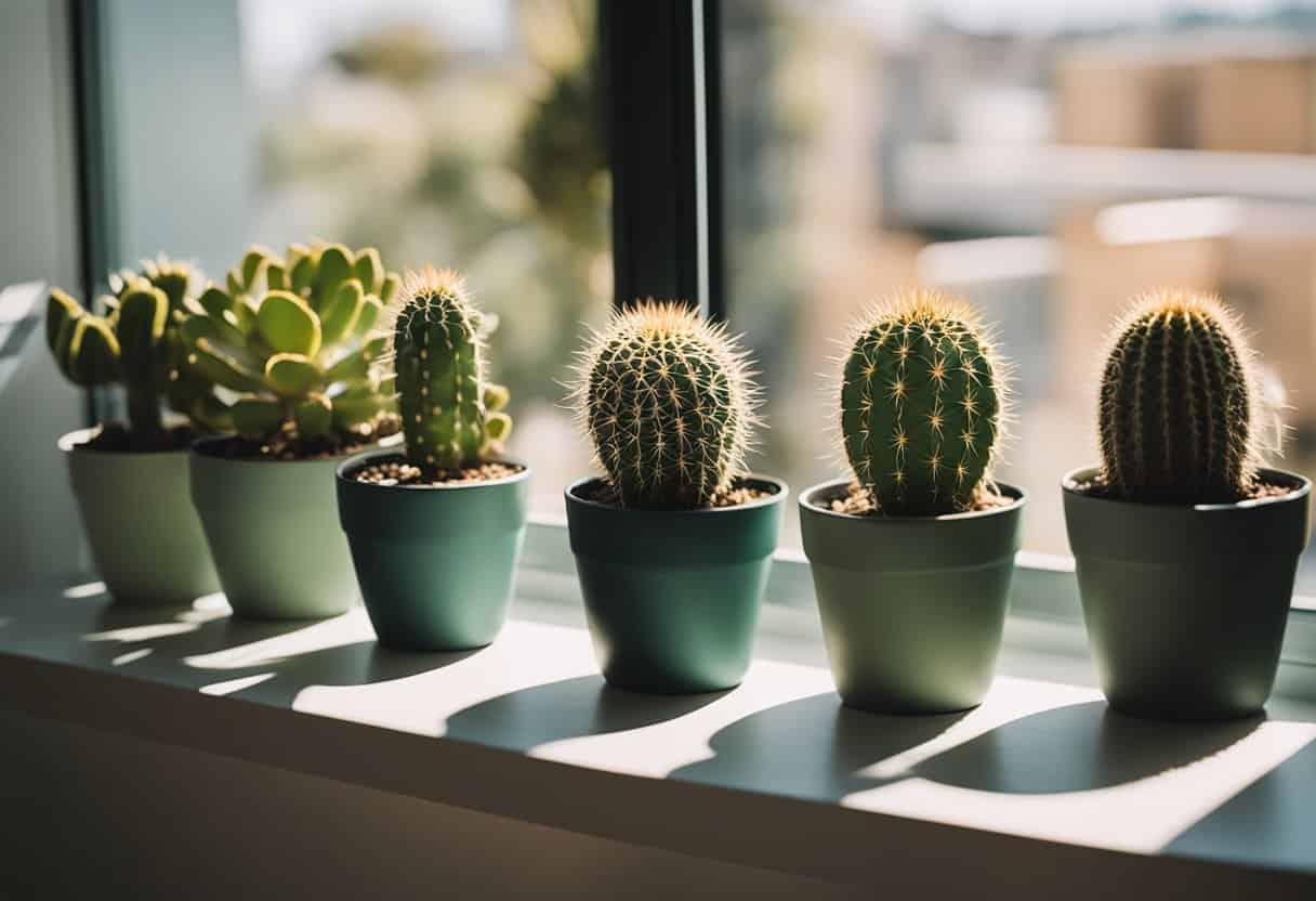 A colorful array of potted cacti arranged on a sunny windowsill, casting playful shadows against the backdrop of a modern, minimalist home decor