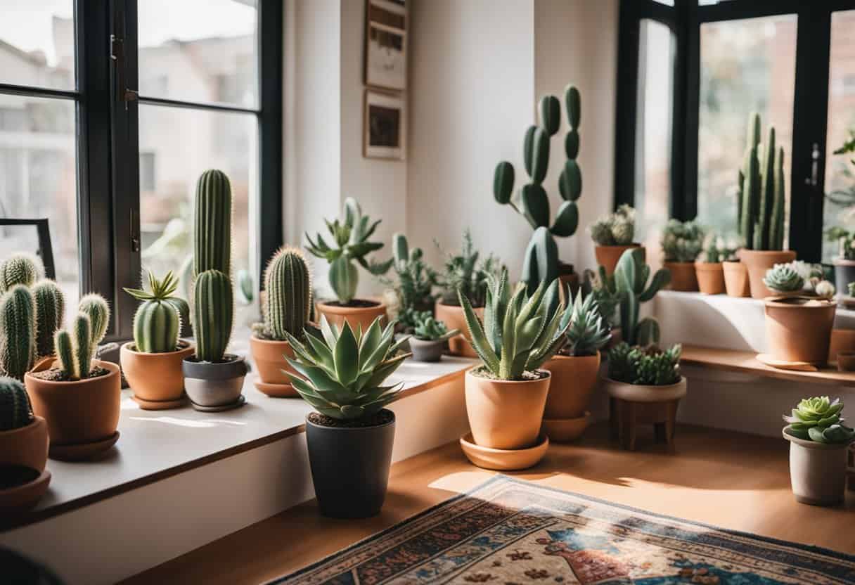 A cozy living room with a sunlit window sill, adorned with a variety of potted cacti in different shapes and sizes. A colorful rug and some succulent-themed artwork complete the stylish decor