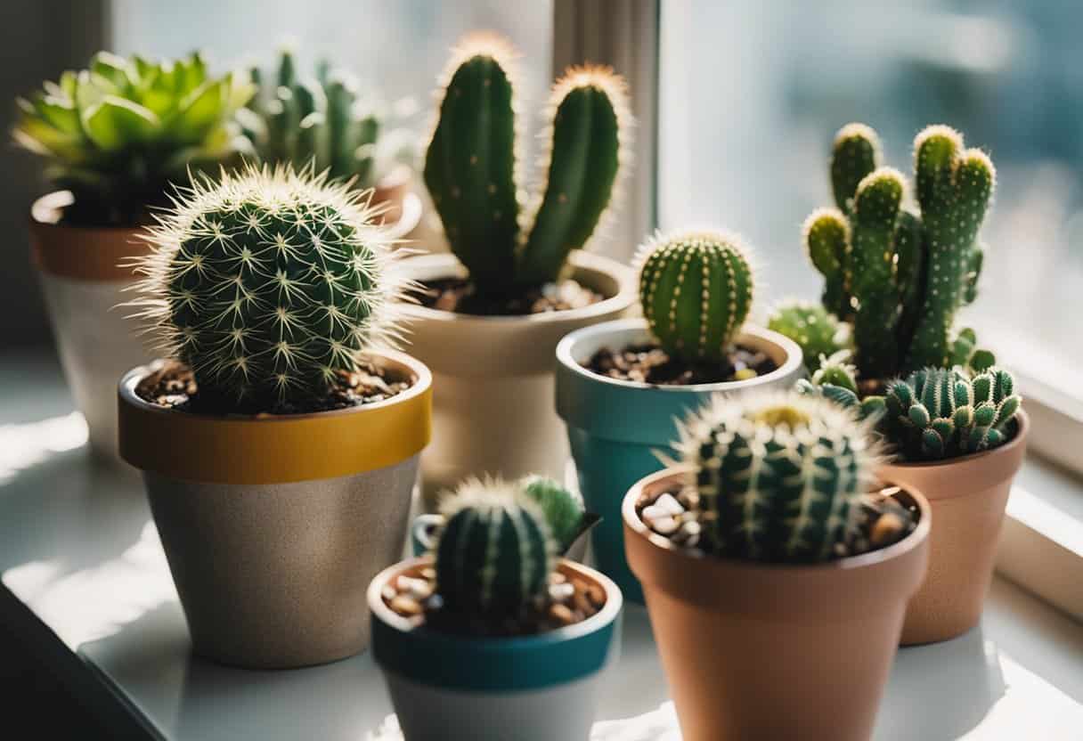 A colorful assortment of potted cacti arranged on a windowsill, with vibrant patterns and textures adding a stylish touch to the home decor