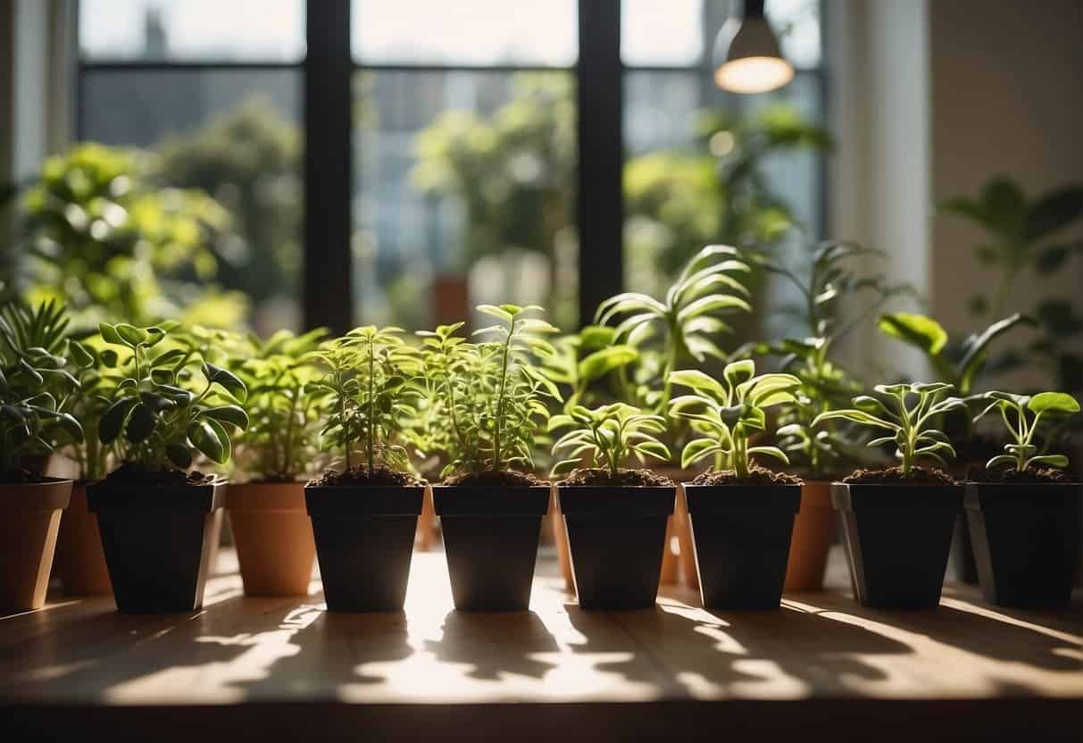 Lush green plants thriving in a bright, sunlit room. A variety of propagation and seed starting methods displayed on a table