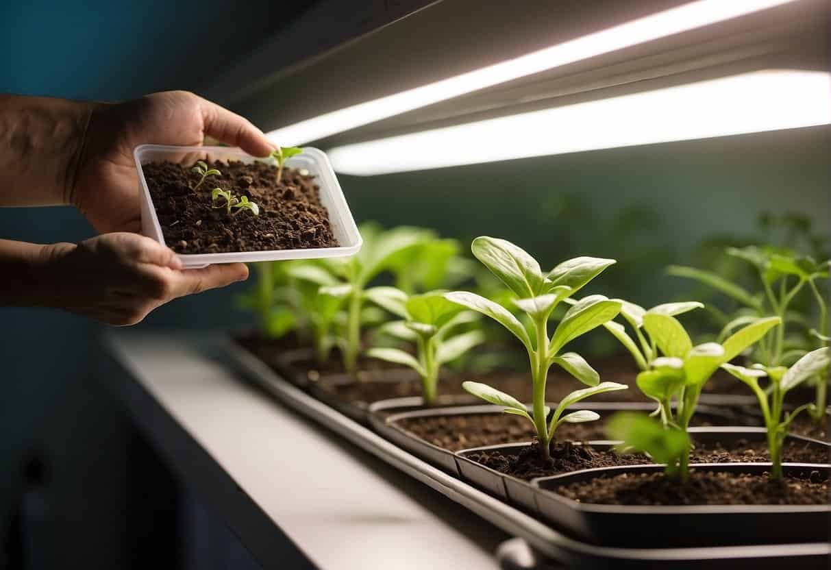 A hand holding a seed packet next to a tray of seedlings under a grow light, with a sign reading "Propagation vs. Seed Starting: What's Right for Your Plants?"