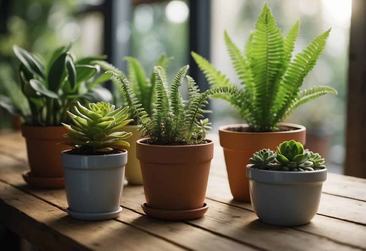 Various plants in pots with labels (e.g. succulents, ferns) arranged on a table. Some pots have drainage holes, others do not. Watering can and spray bottle nearby