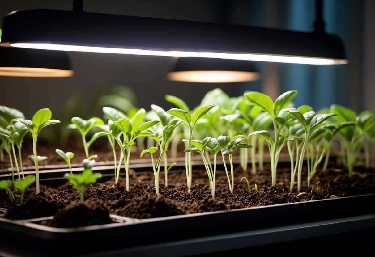 Lush green seedlings emerge from soil-filled trays, surrounded by gardening tools and packets of seeds. A bright grow light illuminates the scene, highlighting the process of advanced seed starting and propagation