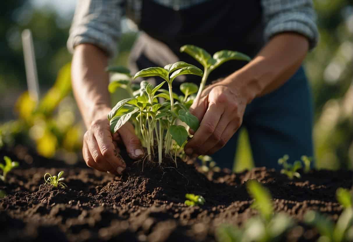 A gardener cuts a healthy plant's root into sections, then plants them in soil to propagate new plants