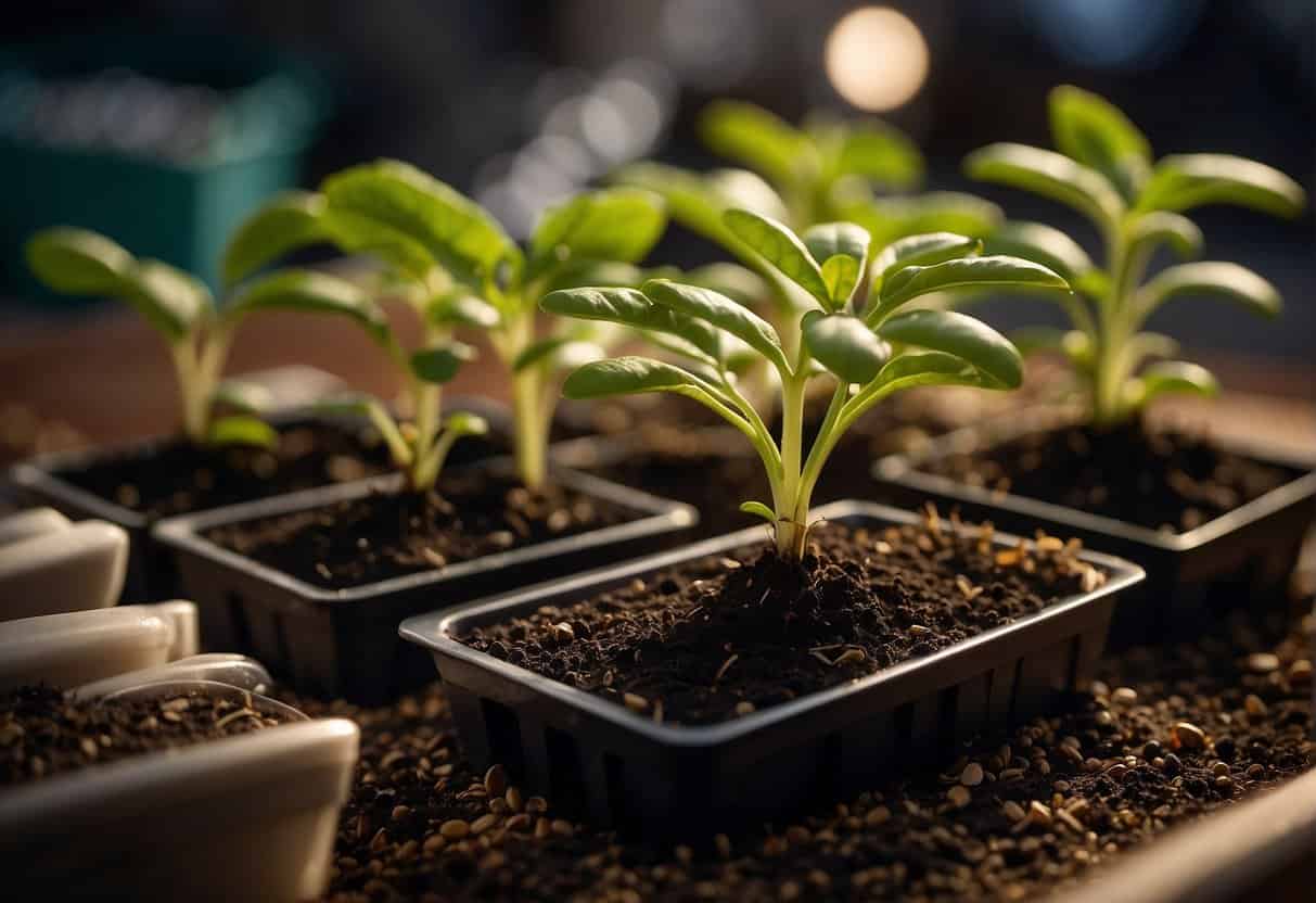A seedling emerges from the soil, surrounded by various propagation tools and seed packets. A grow light illuminates the scene, highlighting the choice between propagation and seed starting for plant growth