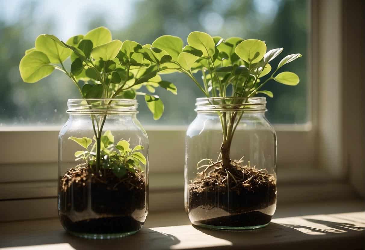 Lush green leaves sprout from cuttings in water-filled jars, sitting on a sunny windowsill. Roots begin to form, signaling new growth