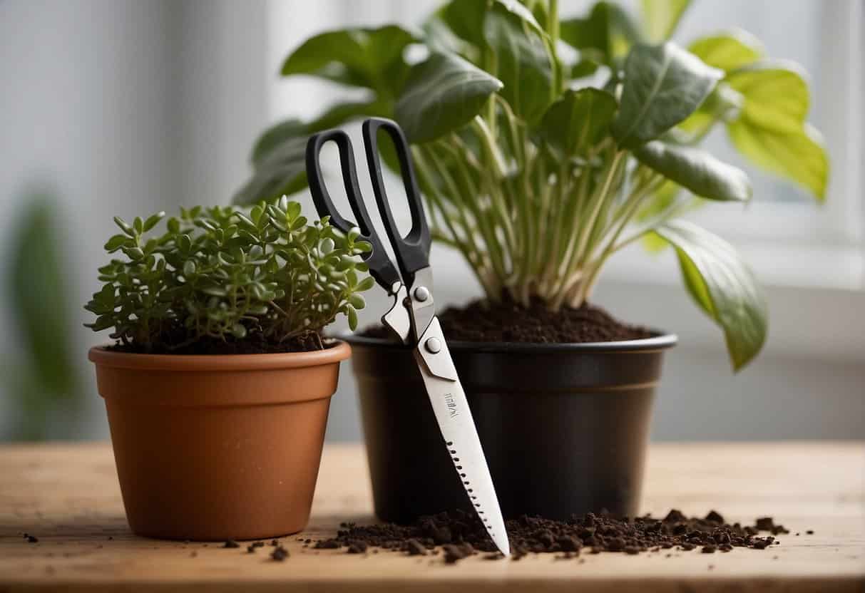 A pair of gardening shears snipping a healthy stem from a mature houseplant. A small pot filled with soil sits nearby, ready to receive the freshly cut cutting