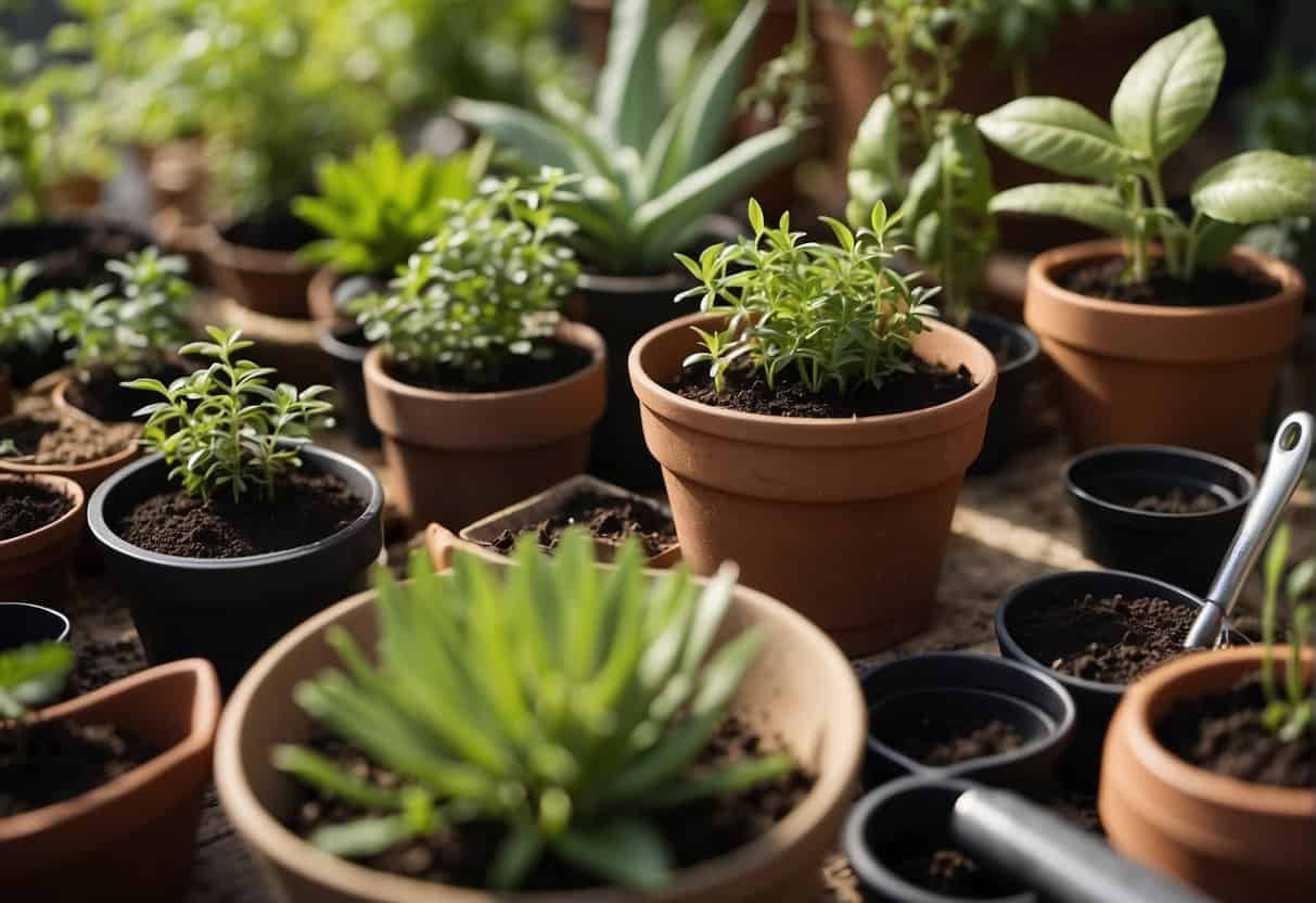 Lush green plants surrounded by gardening tools, soil, and pots. Root cuttings being carefully prepared and placed in containers for propagation