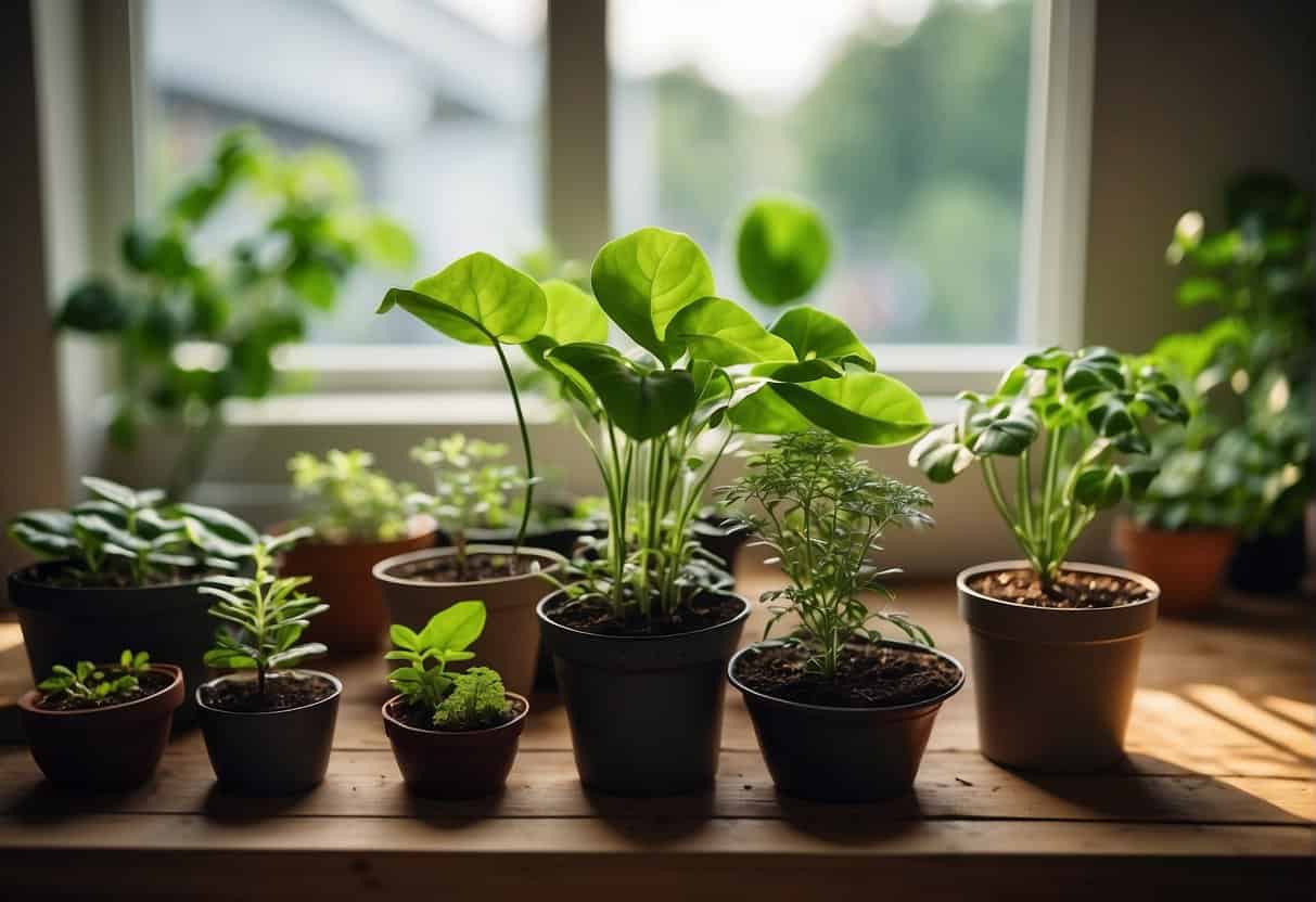 Lush green leaves and stems in various stages of growth, surrounded by propagation tools and containers, with a backdrop of natural light