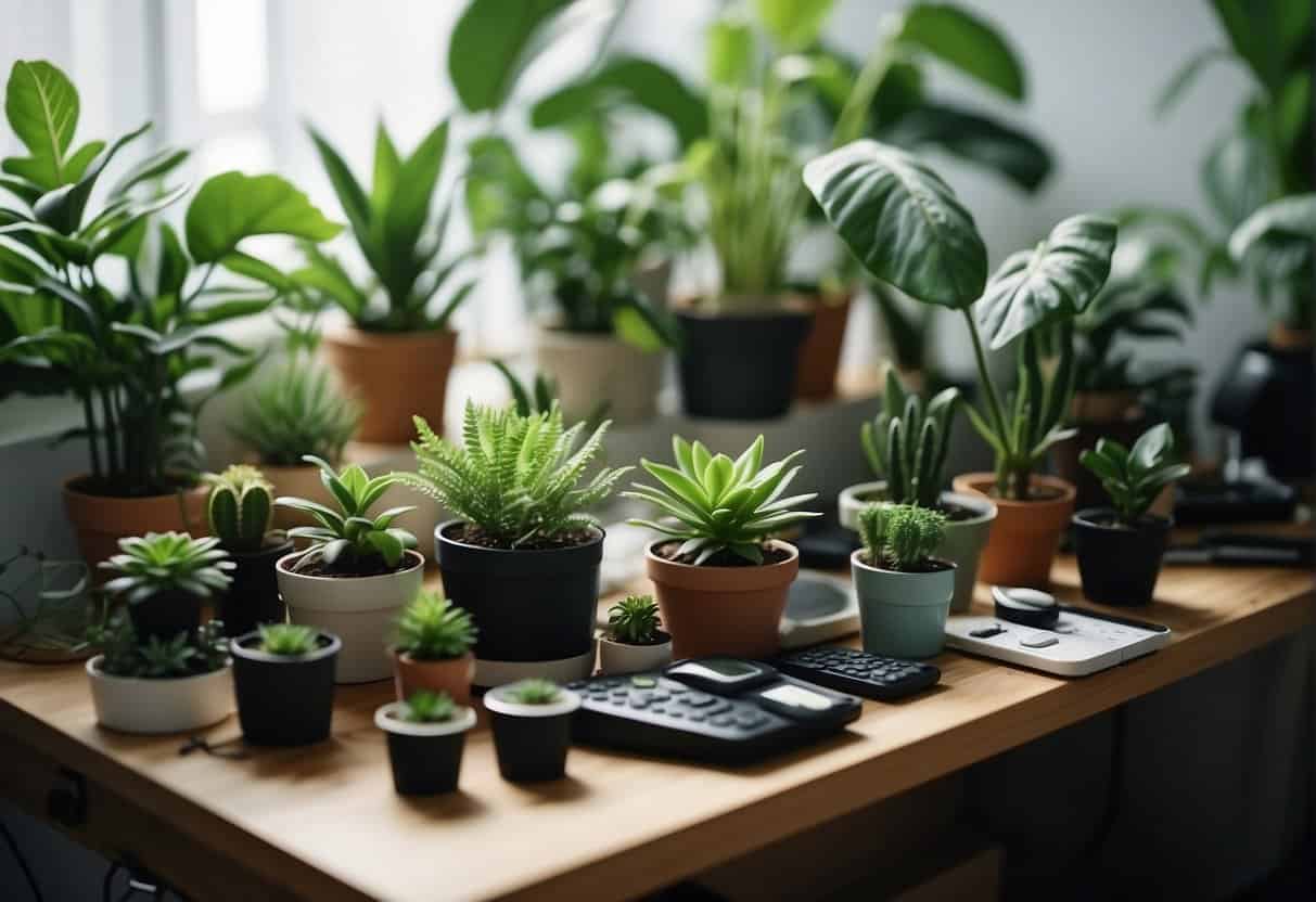 Lush green houseplants arranged on a bright, clutter-free workspace, with tools and supplies neatly organized for monitoring and troubleshooting
