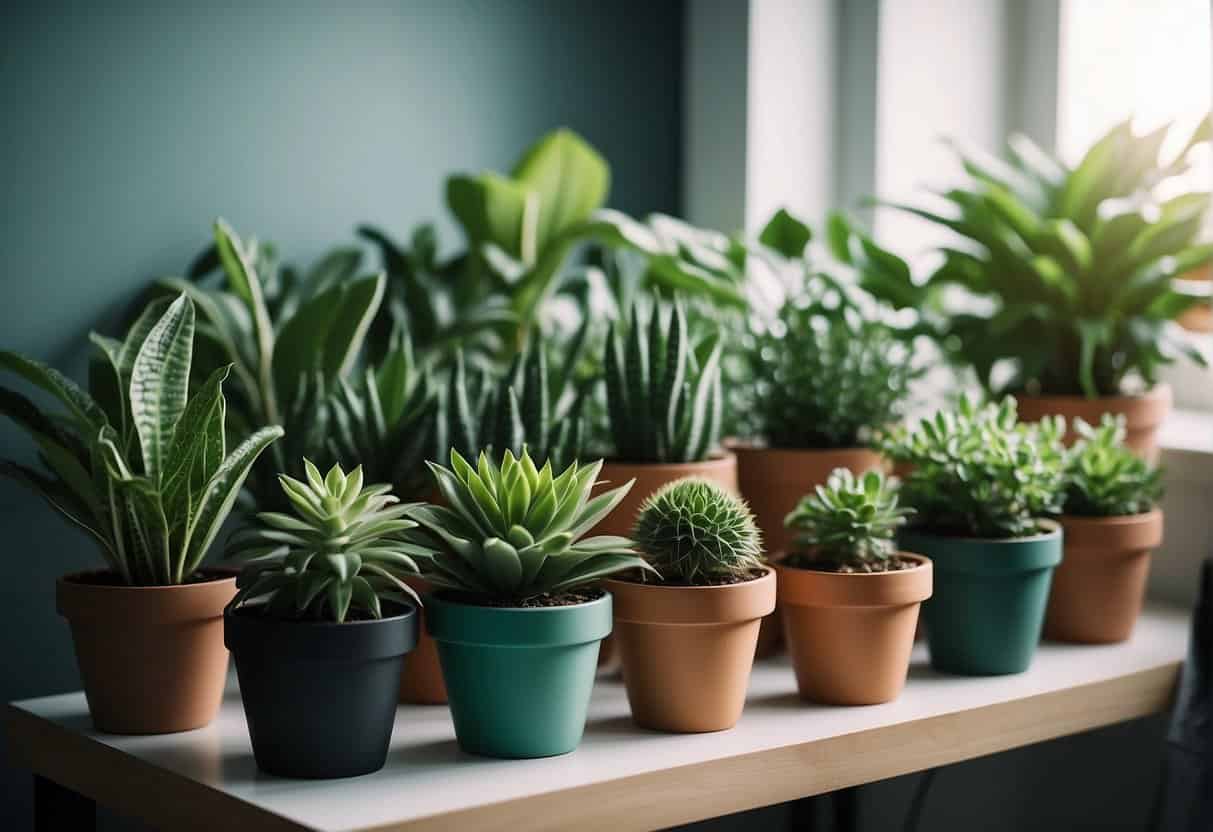 Lush green houseplants arranged on a bright, clean surface. Pots, soil, and cutting tools are neatly organized nearby. A step-by-step guide is displayed prominently