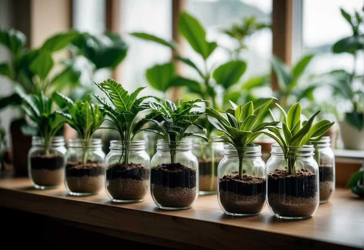 Lush green houseplants fill a bright, airy room. Cuttings sit in water-filled jars, ready to be planted and nurtured. A variety of pots and soil are scattered around, waiting to welcome new additions to the growing plant collection