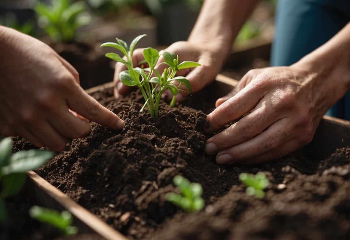 Hands carefully trim and place cuttings into soil-filled pots. Small roots begin to form, adapting to their new environment