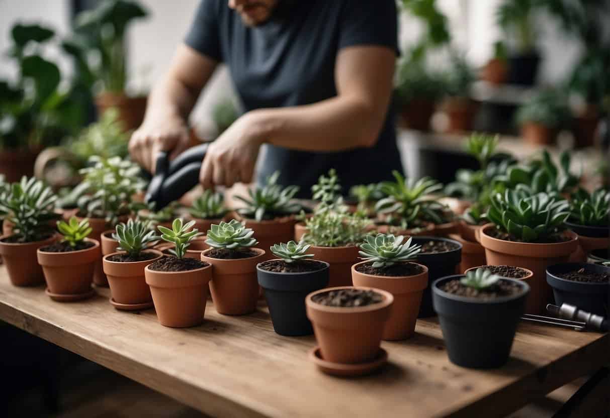 A table with various potted houseplants, small pots, soil, and cutting tools. A person's hands demonstrating propagation techniques