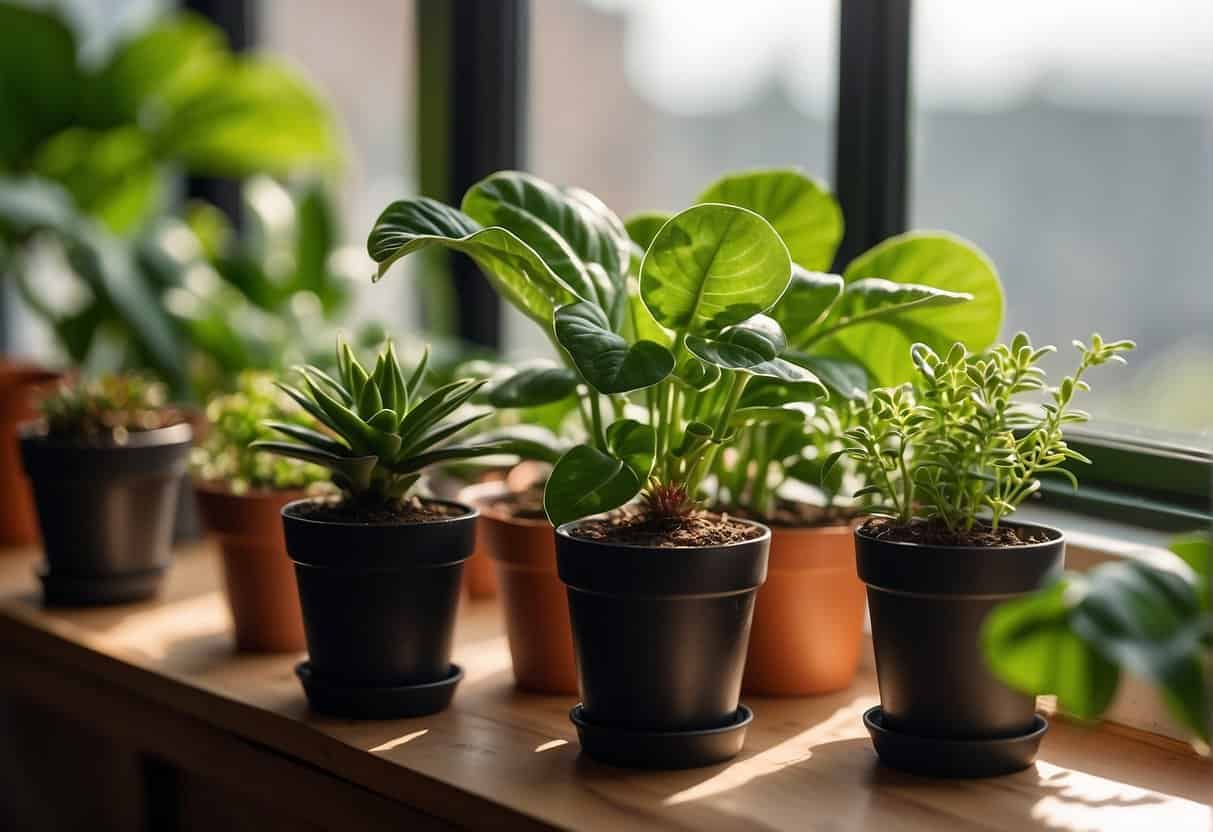 Lush green houseplants sit on a sunny windowsill. Cuttings and small pots are arranged nearby, ready for propagation. A misting bottle and rooting hormone are on the table