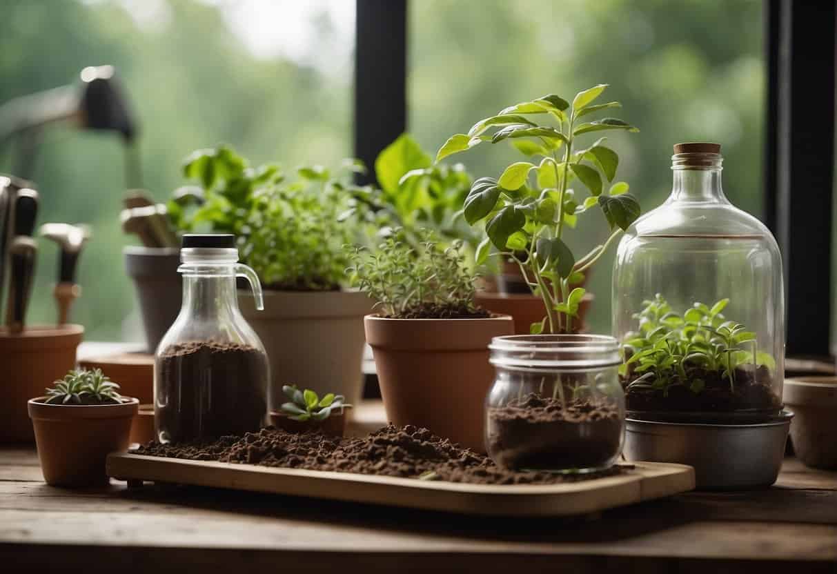 A table with small pots filled with soil, surrounded by gardening tools and labeled plant cuttings. A misting bottle nearby