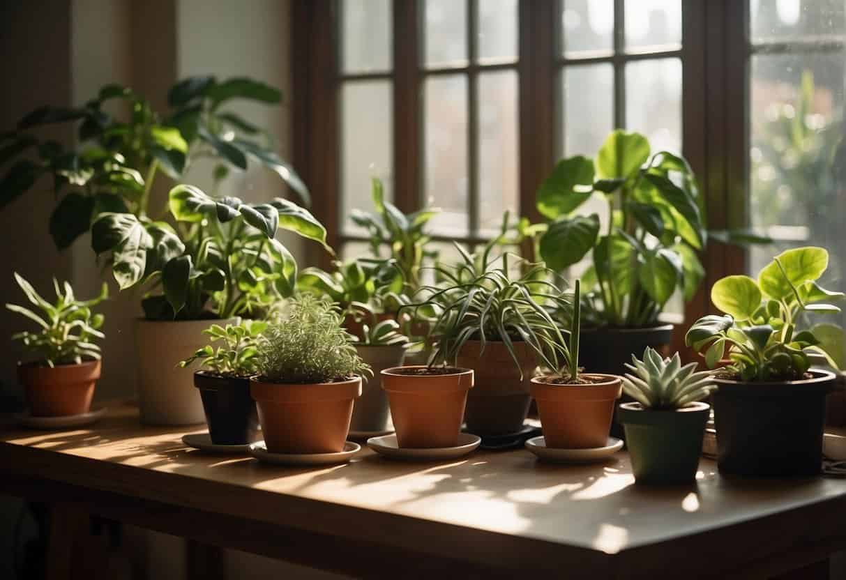 A table with various houseplants, propagation tools, and a guidebook open to troubleshooting tips. Bright natural light streams in from a nearby window, illuminating the scene