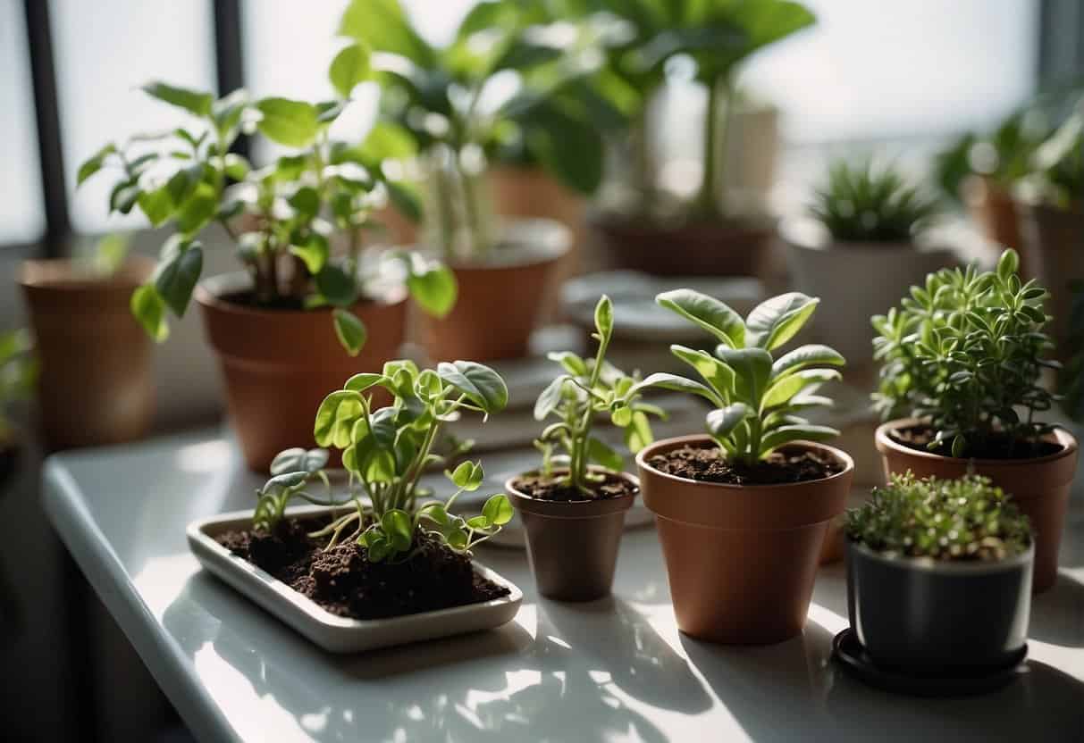 A table with various houseplants and propagation tools. Cuttings in water, soil, and containers. Instructional books nearby