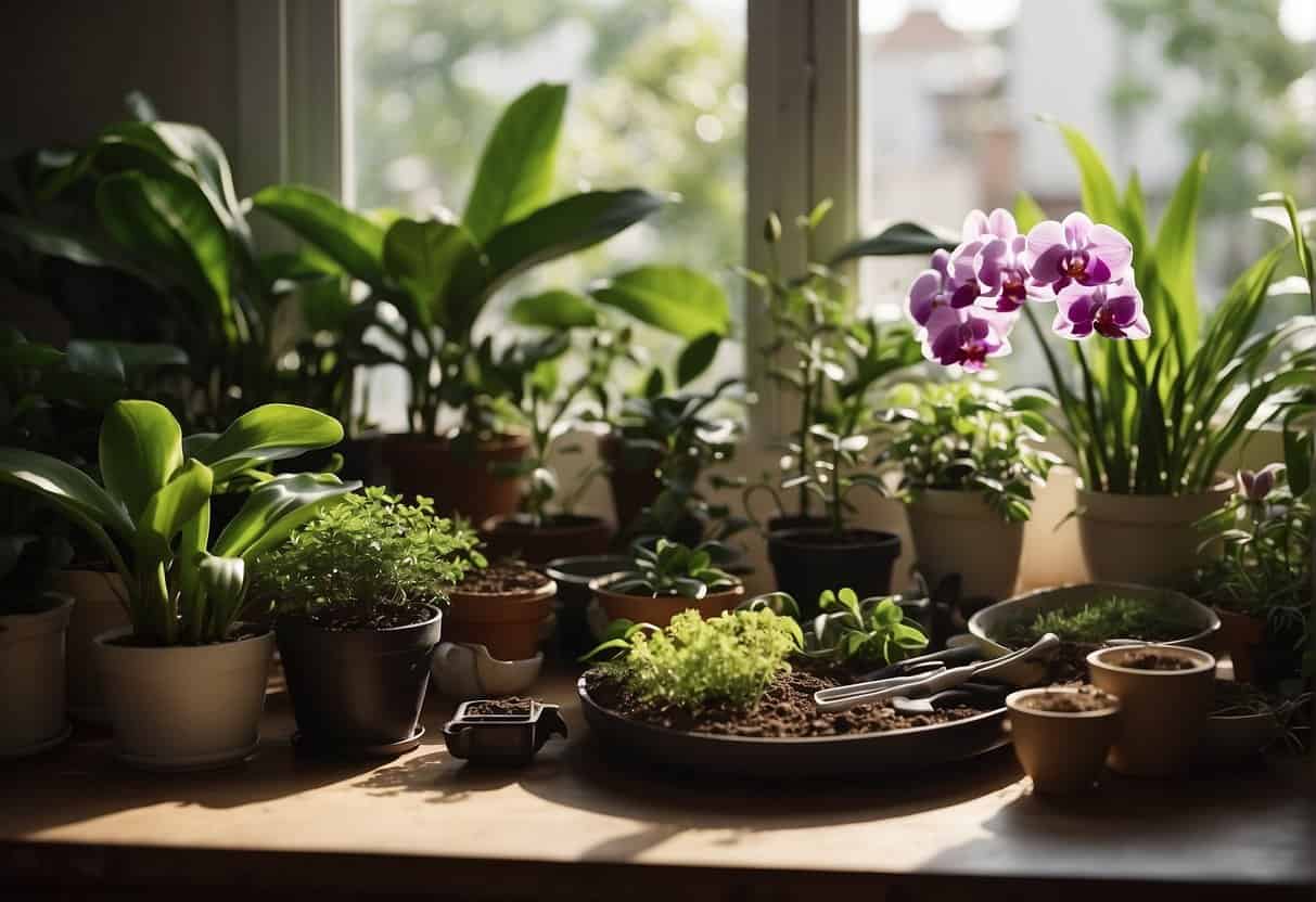 Lush green leaves surround a table filled with pots, soil, and delicate orchid cuttings. A pair of gardening tools lay ready for use, as sunlight streams in through a nearby window