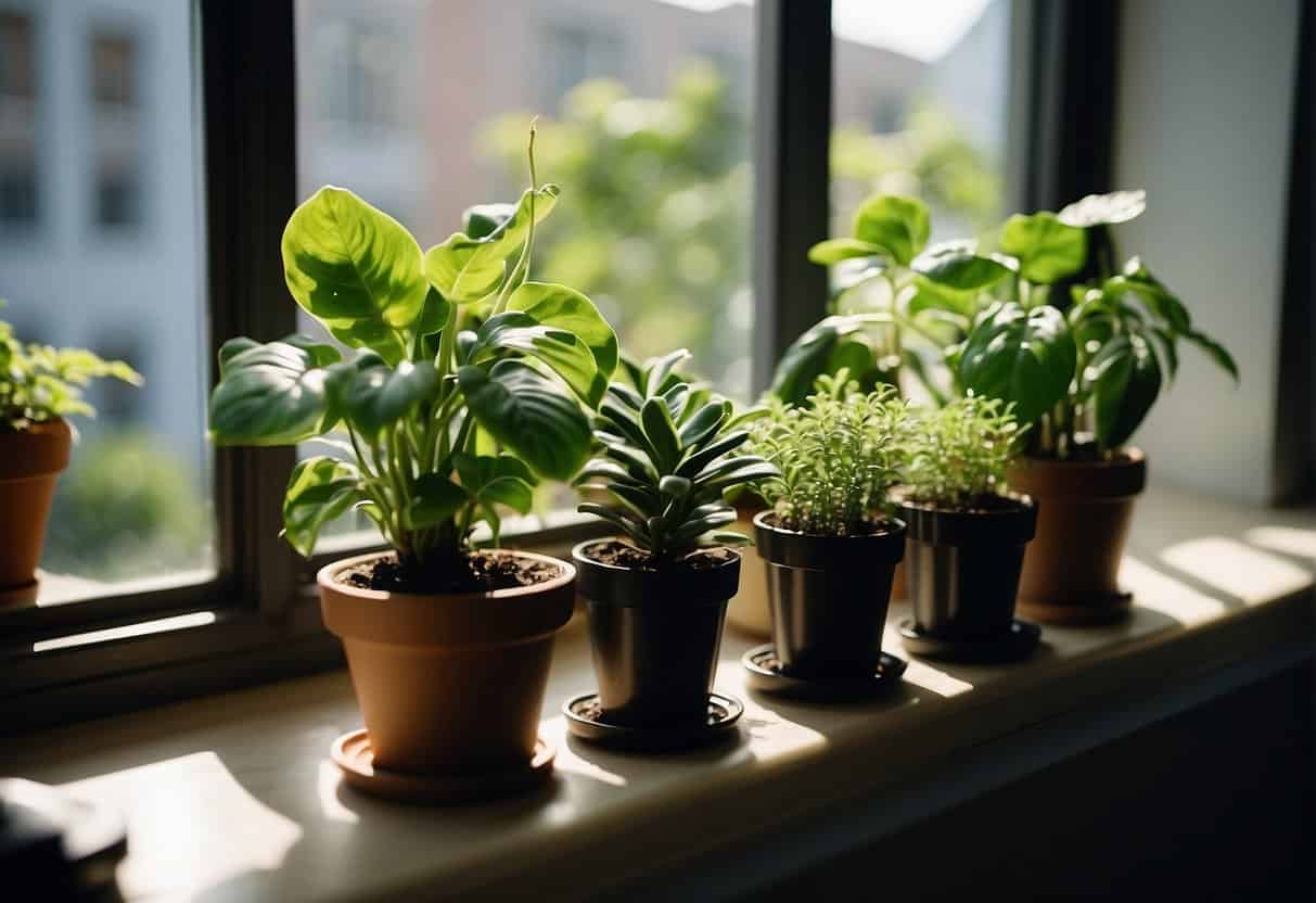 Lush green houseplants sit on a sunny windowsill, surrounded by propagation tools and cuttings in water and soil