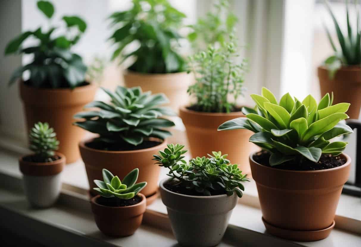 Lush green indoor plants arranged in various pots and planters, placed strategically around a well-lit and airy room