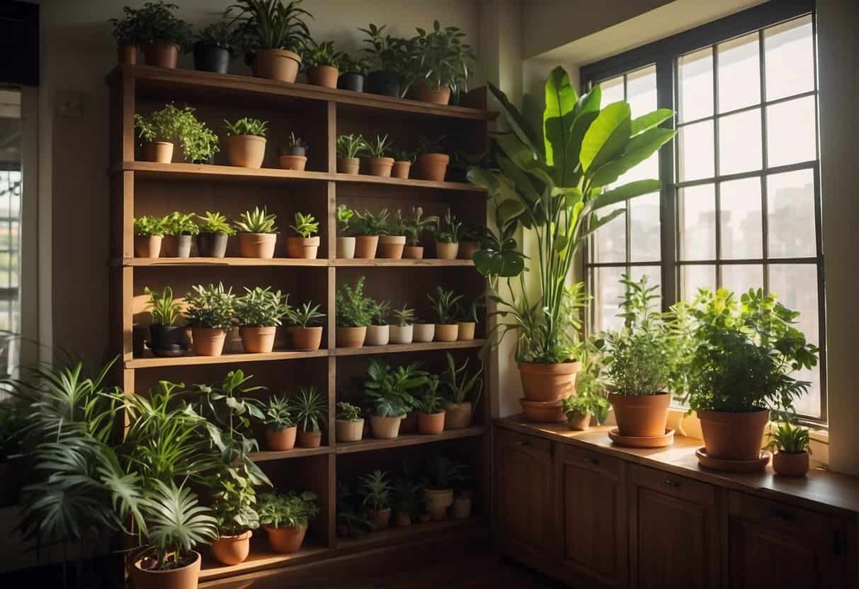 Lush indoor plants arranged on shelves, with a book open to a step-by-step guide. Sunlight filters through the window, casting a warm glow