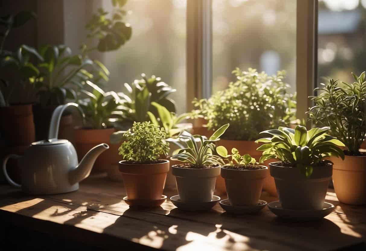 A table with a variety of potted indoor plants, a watering can, soil, and gardening tools arranged neatly. Sunlight streams in through a nearby window, casting a warm glow on the scene